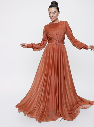 Lined Silvery Long Hijab Evening Dress With Pleated Top And Belt Detailed Waist Cinnamon