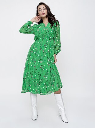 Green - Floral - V neck Collar - Fully Lined - Chiffon - Viscose - Modest Dress - By Saygı