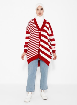 Red - Stripe - Unlined - Knit Cardigan - Tavin