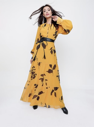 Lined Floral Pattern Long Chiffon Modest Dress Yellow With Half Button Down Front And Belt Detailed Waist Belt