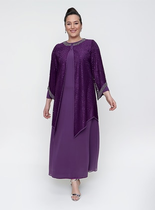 Purple - Fully Lined - Crew neck - Modest Plus Size Evening Dress - By Saygı
