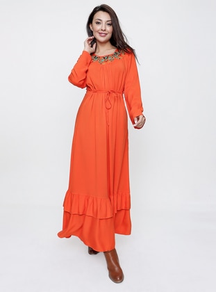 Orange - Crew neck - Fully Lined - Cotton - Modest Dress - By Saygı