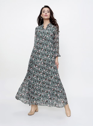 Floral Patterned Lined Chiffon Dress With Laced Collar Khaki