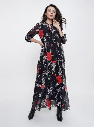 Black - Floral - Crew neck - Fully Lined - Chiffon - Modest Dress - By Saygı