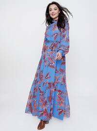 Blue - Floral - Fully Lined - Crew neck - Modest Evening Dress