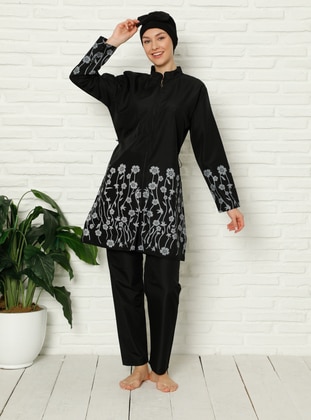 Black - Floral - Fully Lined - Full Coverage Swimsuit Burkini  - Akbeniz