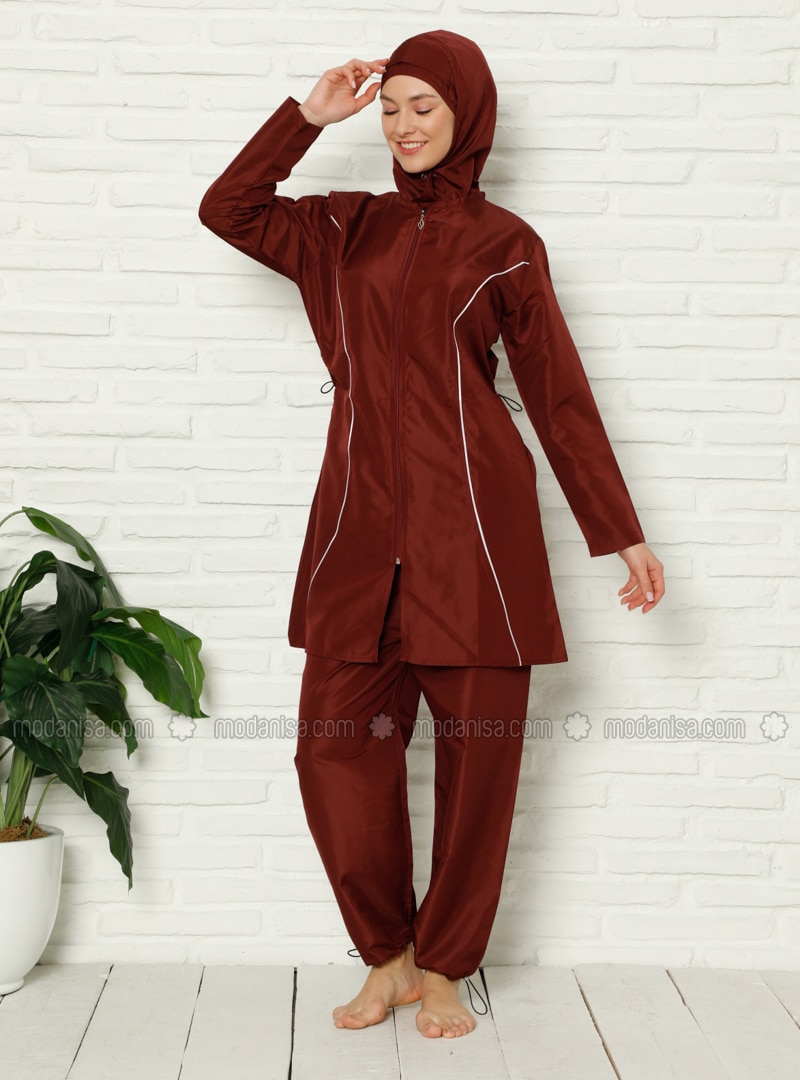 Maroon - Fully Lined - Full Coverage Swimsuit Burkini