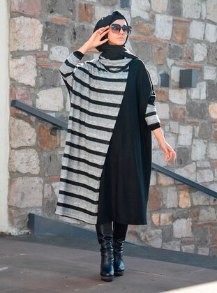 Black - Stripe - Unlined - Acrylic - Wool Blend - Poncho