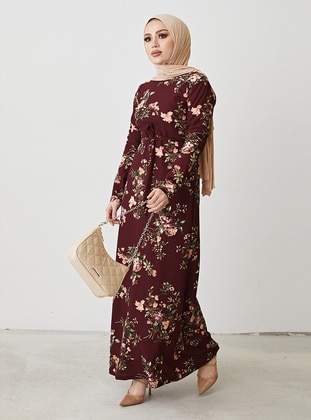 Floral Patterned Modest Dress Burgundy