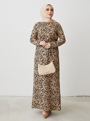 Cream - Leopard - Crew neck - Unlined - Cotton - Modest Dress - MODAEFA
