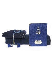 Gift Velvet Yasin Book, Prayer Rug, Shawl, Pearl Rosary Tasbih, Acetate In A Box (26×23) Set - Navy Blue