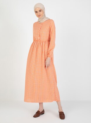 Orange - Gingham - Crew neck - Unlined - Modest Dress - BÜRÜN