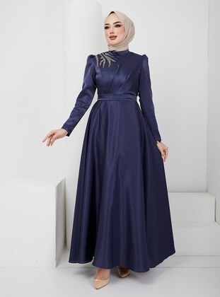 Navy Blue - Silvery - Fully Lined - Crew neck - Modest Evening Dress - Olcay