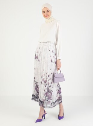 Purple - Multi - Fully Lined - Plus Size Skirt - BÜRÜN