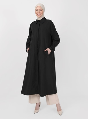 Black - Unlined - Point Collar - Trench Coat - Refka