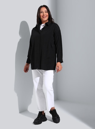 Black - Point Collar - Cotton - Plus Size Tunic - Alia