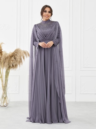 Lilac - Fully Lined - Crew neck - Modest Evening Dress - Gizem Kış