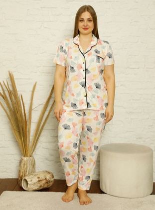 Ecru - Shawl Collar - Multi - Plus Size Pyjamas - AKBENİZ