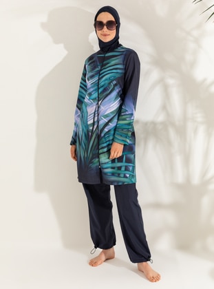 Gradient Leaf Transition Burkini Full Covered Swimsuit Navy Blue