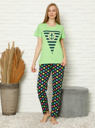 Green - Crew neck - Multi - Pyjama Set - AKBENİZ