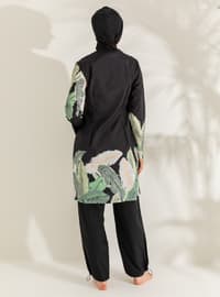 Botanical Leaf Patterned Burkini Full Covered Swimsuit Black