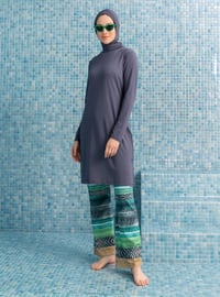 Dark Khaki Stripe Geometric Full Coverage Swimsuit Burkini