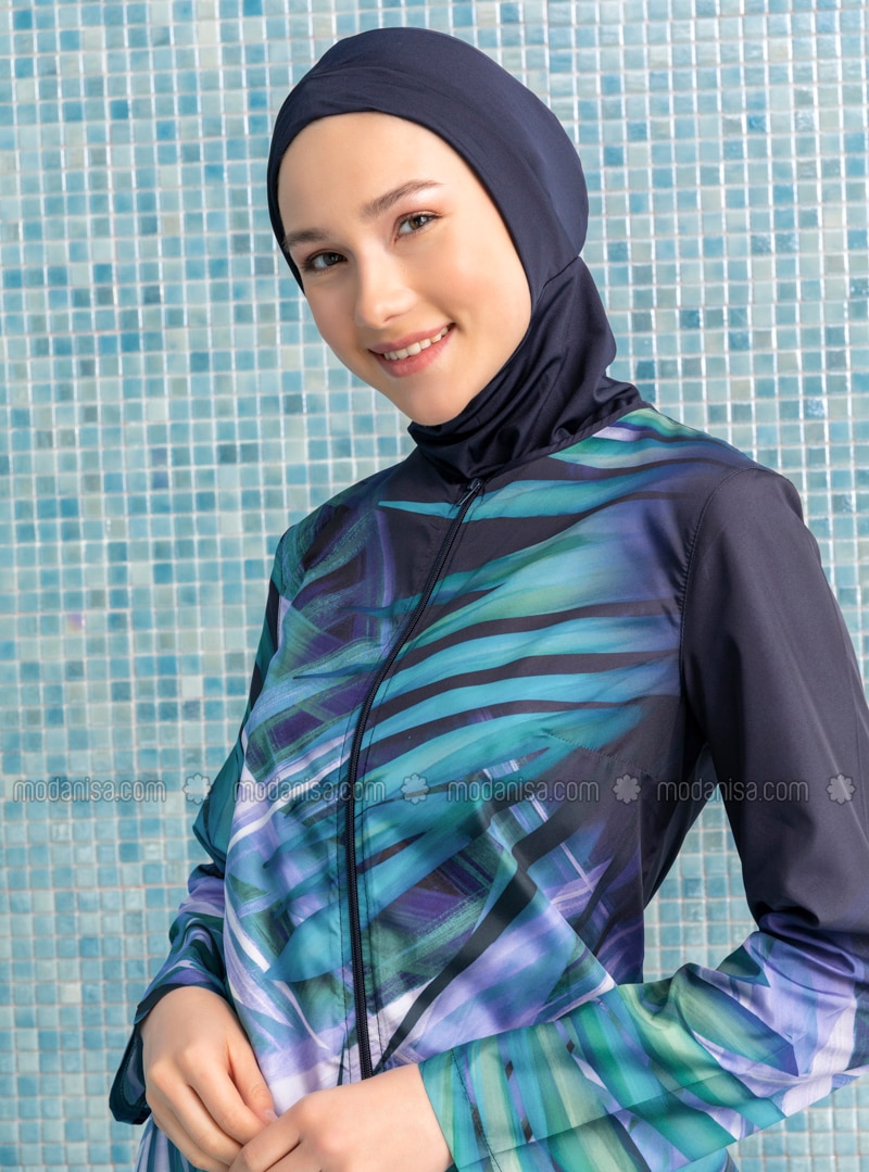 Gradient Leaf Transition Burkini Full Covered Swimsuit Navy Blue