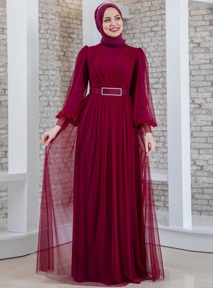 Stone Detailed Tulle Hijab Evening Dress Purple