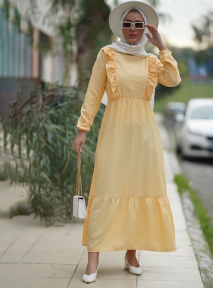 Yellow - Crew neck - Unlined - Cotton - Viscose - Modest Dress - Por La Cara