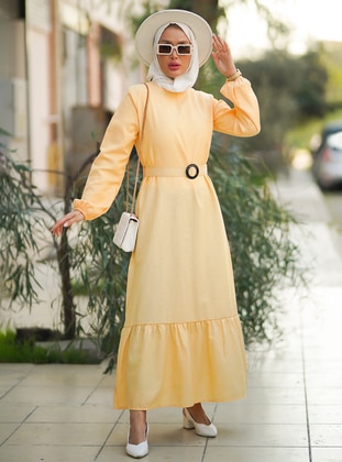 Yellow - Crew neck - Unlined - Cotton - Modest Dress - Por La Cara