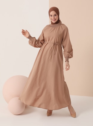 Camel - Crew neck - Unlined - Cotton - Modest Dress - İnşirah