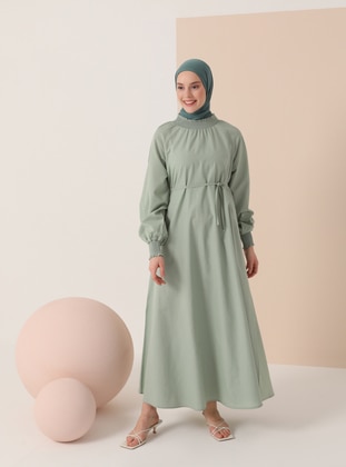 Green Almond - Crew neck - Unlined - Cotton - Modest Dress - İnşirah