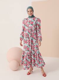 Fuchsia - Mint - Floral - Crew neck - Unlined - Cotton - Modest Dress