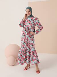 Fuchsia - Mint - Floral - Crew neck - Unlined - Cotton - Modest Dress