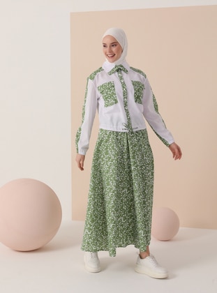 Green Almond - Floral - Unlined - Cotton - Point Collar - Suit - İnşirah