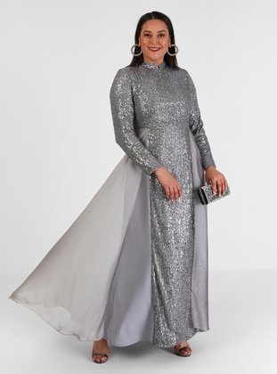 Silver tone - Unlined - Crew neck - Modest Plus Size Evening Dress - Alia