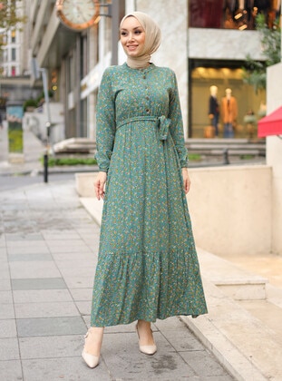 Green - Floral - Crew neck - Unlined - Cotton - Modest Dress - ZENANE