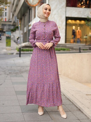 Lilac - Floral - Crew neck - Unlined - Cotton - Modest Dress - ZENANE