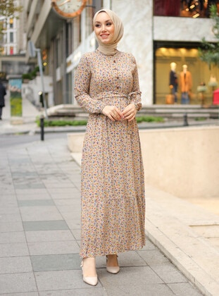 Floral Patterned Modest Dress Mink