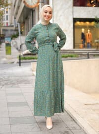 Green - Floral - Crew neck - Unlined - Cotton - Modest Dress