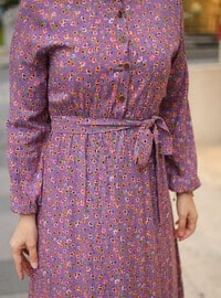 Lilac - Floral - Crew neck - Unlined - Cotton - Modest Dress