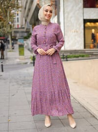 Lilac - Floral - Crew neck - Unlined - Cotton - Modest Dress