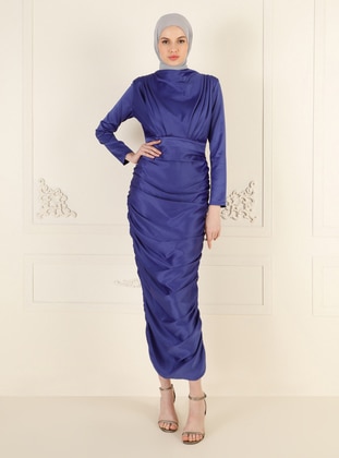 Blue - Unlined - Crew neck - Modest Evening Dress - Puane