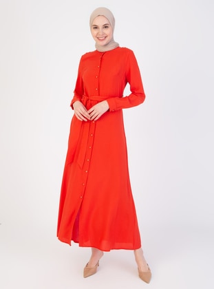 Orange - Crew neck - Unlined - Modest Dress - Ziwoman