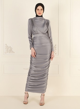 Gray - Unlined - Crew neck - Modest Evening Dress - Puane