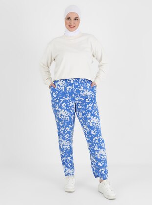 Blue - Floral - Pants - ECESUN