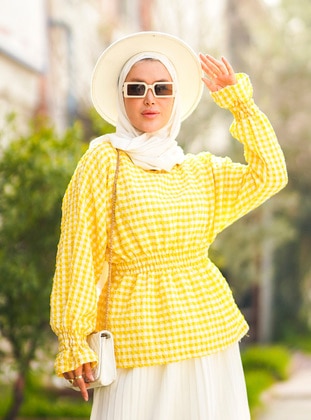 Checked Blouse With Drawstring Elastic Waist And Cuffs Yellow