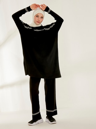 Side Slit Pants Knitwear Co-Ord Set Black