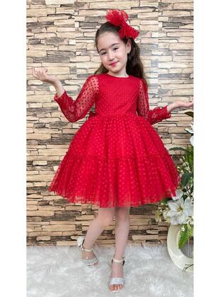 Lace Buckled Layered Princess Girls` Dress - RED