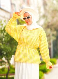 Checked Blouse With Drawstring Elastic Waist And Cuffs Yellow